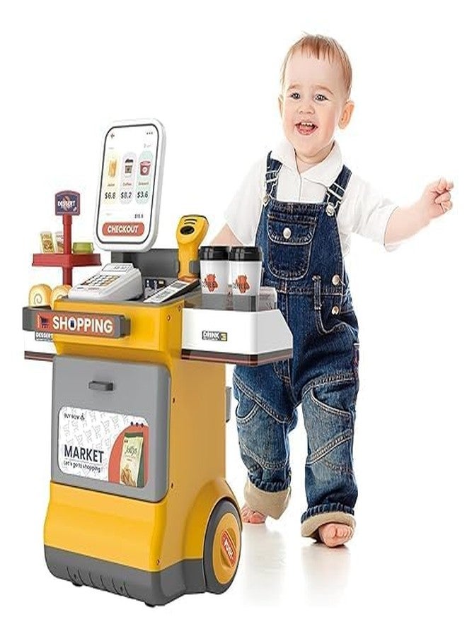 GEMCZA 48 Pcs Cash Register Playset ? Pretend Play Supermarket Toy with Scanner Lights Sounds Play Money & Food for Kids, Yellow - Image 4
